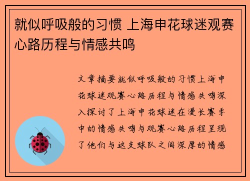 就似呼吸般的习惯 上海申花球迷观赛心路历程与情感共鸣