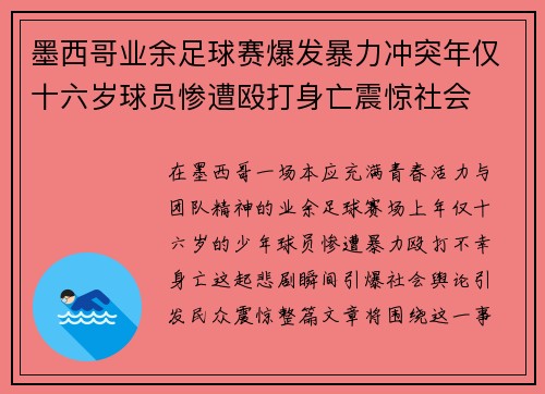 墨西哥业余足球赛爆发暴力冲突年仅十六岁球员惨遭殴打身亡震惊社会